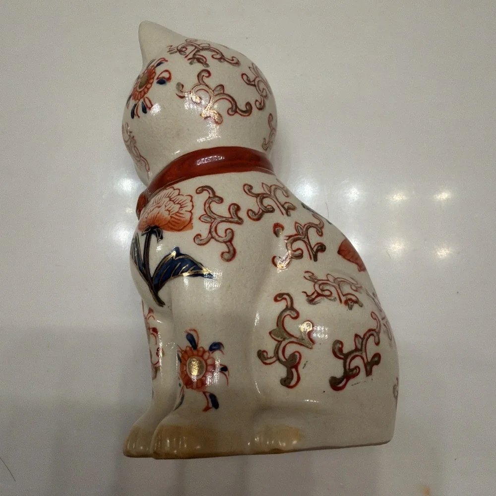 Vintage Cat Figurine Takahashi with Floral Arabesque & Leaves Side Stance 6 1/4